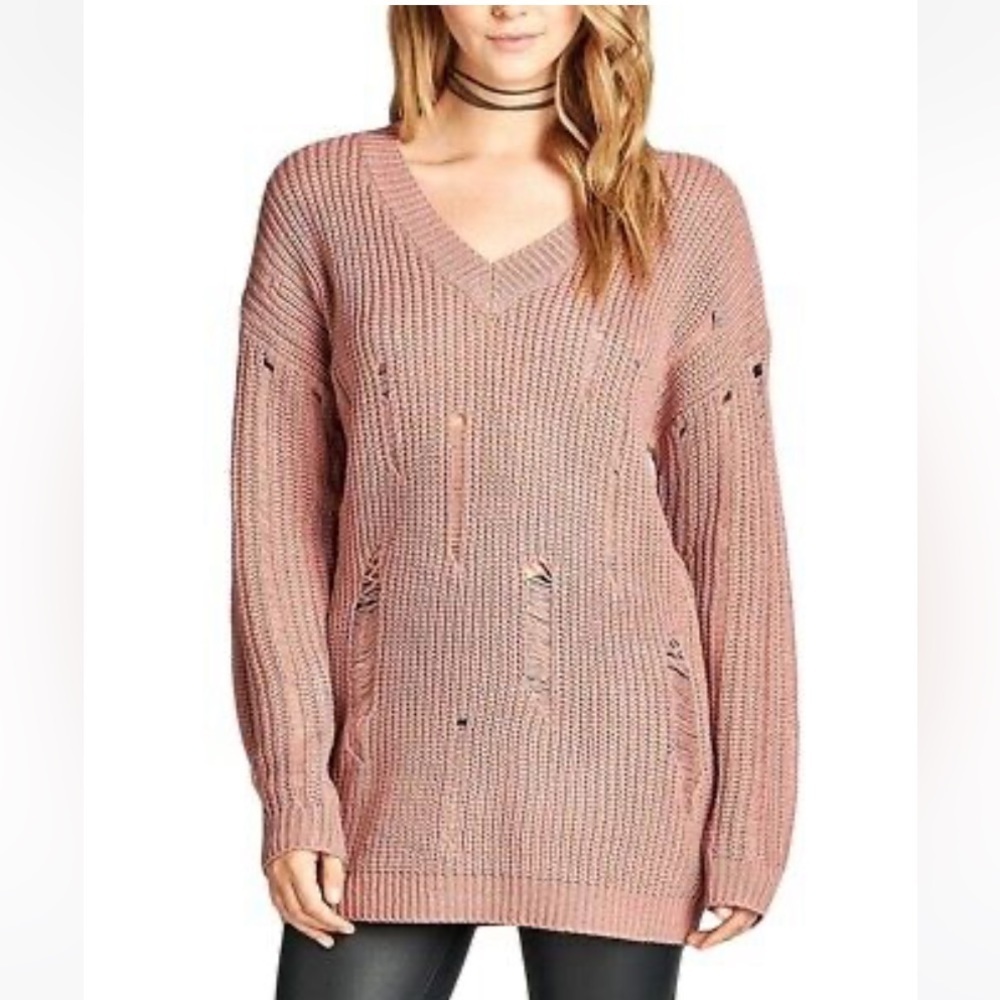 Distressed Long Knit Sweater - Picture 1 of 7